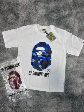 Bape White Tee with Blue Camo Ape Head Logo